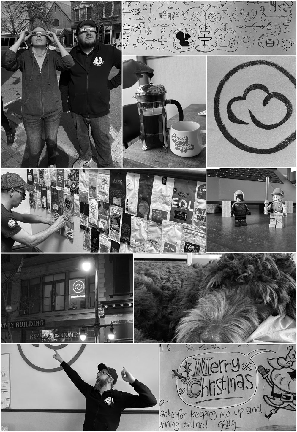 collage of pictures of Bright Cloud Studio's team, and fun things around the office and the office dog